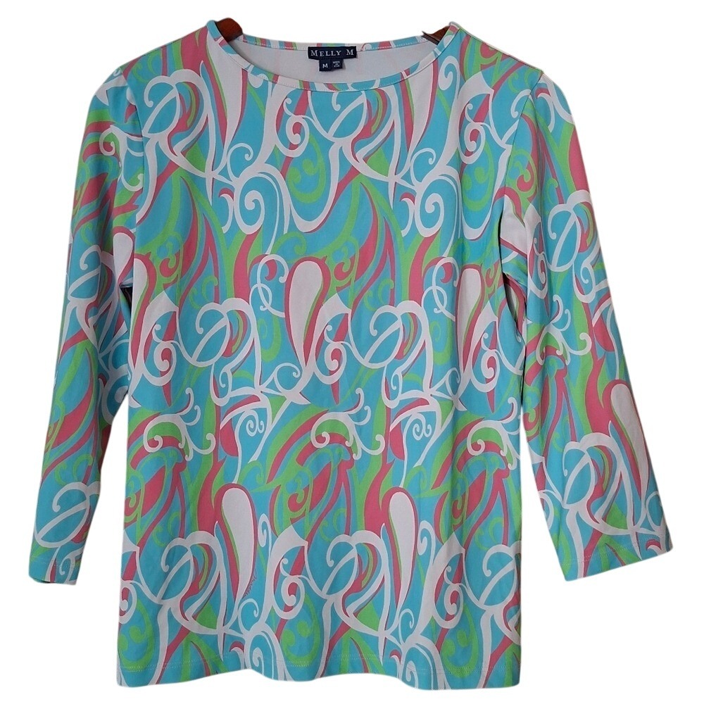 Melly M Aqua Blue Pink Green Golf Resort womens Beach Top size medium